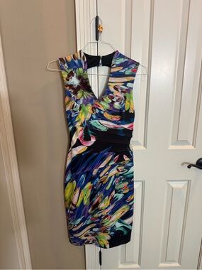 Joseph Ribkoff Multicolor Abstract Print V-Neck Dress